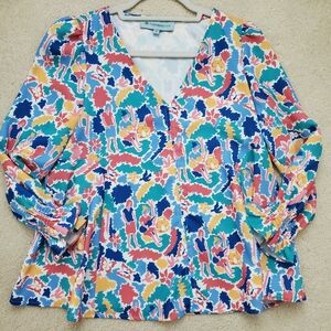 Tuckernuck Women's Cabana Print Easton Blouse Ruffle Sleeve Swing Top szS